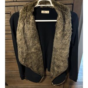 Hollister Black Cardigan with Brown Faux Fur Trim